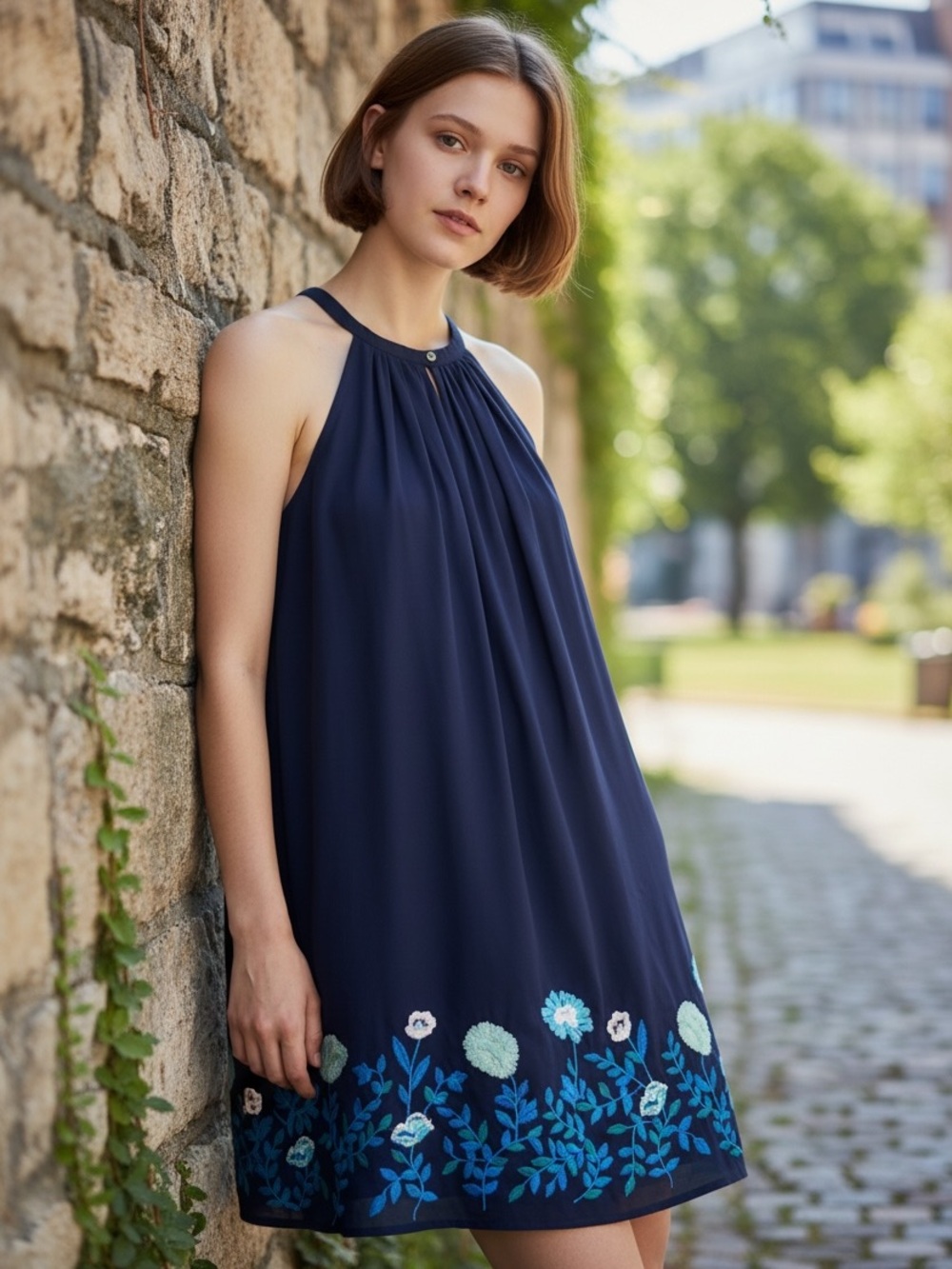 LOFT Petite 2P Navy Embroidered Floral Hem Sleeveless Shift Dress